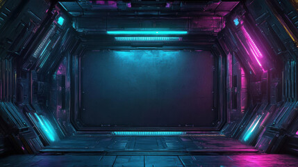 Obraz premium A futuristic, illuminated corridor with metallic walls and vibrant neon lights in blue and pink, creating a sci-fi ambiance.