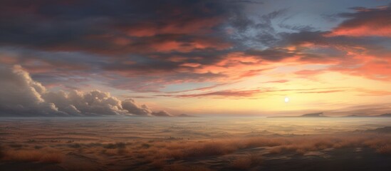 Fototapeta premium Vibrant sunset skies reflected over a serene landscape creating a breathtaking panoramic view at twilight.