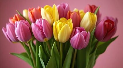 Naklejka premium Vibrant tulip bouquet with pink, yellow, and purple blooms against a soft pink background, featuring ample space for personalized text.