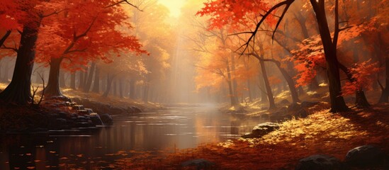 Fototapeta premium Autumn forest landscape with vibrant orange leaves reflecting in tranquil water under soft sunlight beams
