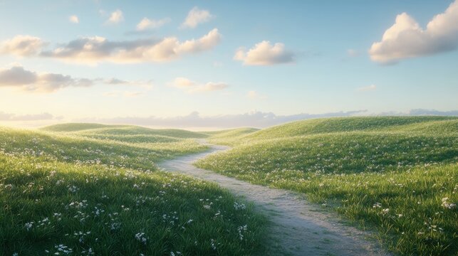 Winding path through a vibrant grass field in rolling hills at dawn, with fluffy clouds drifting across a bright blue sky in a serene spring landscape.