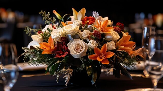 Elegant winter floral centerpiece featuring white roses, vibrant orange lilies, and seasonal greenery, perfect for festive gatherings and upscale dining events.