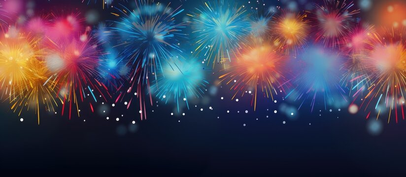 Vibrant abstract firework backdrop with colorful bursts and dark background ideal for celebration announcements and festive occasions.