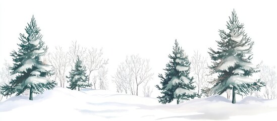 Obraz premium Winter snow landscape with evergreen trees on a white background depicting a serene Christmas holiday theme