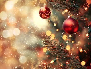 Cozy festive Christmas background, in style of holiday photography, decorated tree with twinkling fairy lights, red ornaments. Illustration with Copy space. Inviting, magical, nostalgic background