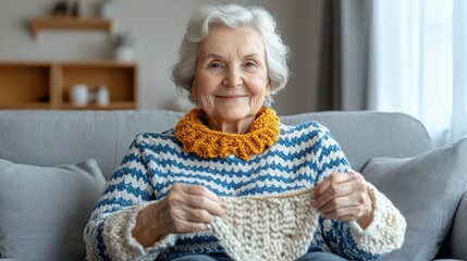 Wellness health and Natural remedies Concept, An elderly woman smiles while knitting on a couch, wearing a colorful sweater and a cozy scarf, surrounded by a warm, inviting living space.