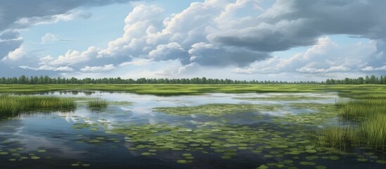 Lush green marshland with vibrant grass and leaves under a cloudy sky reflecting in tranquil water surface