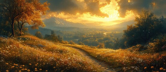 Obraz premium Scenic pathway winding through vibrant wildflowers towards a picturesque hill under a dramatic sunset sky.