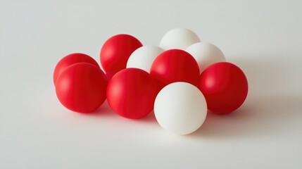 Cluster of red and white ping pong balls arranged artfully on a soft white background creating a vibrant contrast and playful visual appeal.