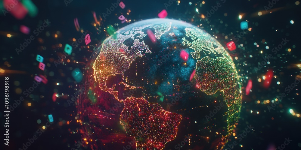 Poster A vibrant digital representation of Earth surrounded by colorful data points and connections.
