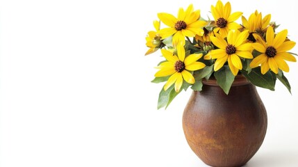 Vibrant yellow Jerusalem artichoke flowers in a rustic clay vase with green leaves, set against a clean white background for textual overlay.