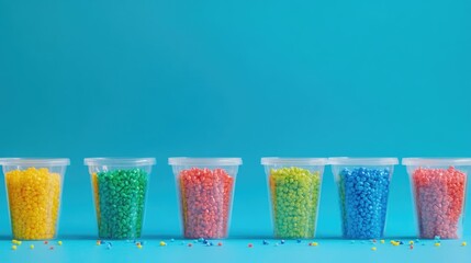 Colorful Plastic Granules Displayed in Transparent Containers on a Bright Blue Background