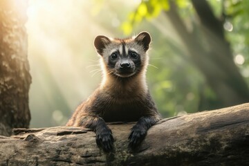 A Cute and Curious Animal in Natural Habitat with Sunlight Filtering Through Trees Creating a Serene and Enchanting Atmosphere in the Forest Setting