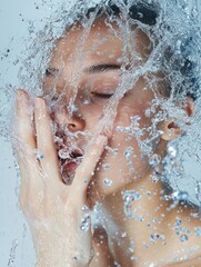 Fototapeta premium Soft-focused image of a person rinsing face, water splash effects frozen in motion, bright studio setting