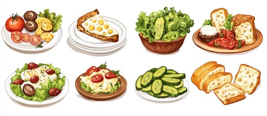 Diverse selection of gourmet dishes featuring baked mushrooms cheese Caesar salad caprese bread and assorted pickled vegetables on plates