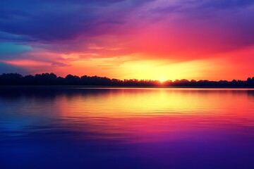 Obraz premium Vibrant Sunset Over Calm Water Trees Silhouetted