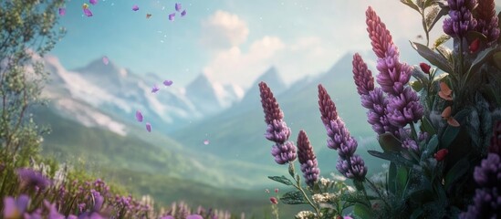 Lupins blooming in a picturesque landscape with mountains and space for text integration