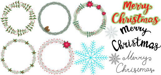 A set of Christmas wreaths, a set of handwritten Merry Christmas inscriptions, snowflakes of different colors, for use in graphic design on the theme of Christmas