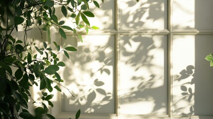 Soft sunlight creating gentle shadow overlays of foliage and window panes on white