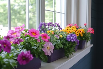 Fototapeta premium Colorful petunia and verbena flowers growing in window boxes