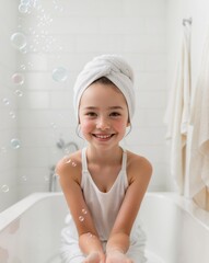 smiling young girl with towel turban with soap bubbles in bathroom.