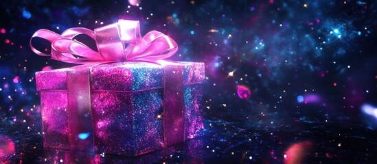 Vibrant gift box with pink bow in a celebratory space filled with colorful confetti and shimmering lights for festive occasions