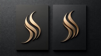 Two golden, abstract, stylized 'S' shaped logos on black backgrounds.