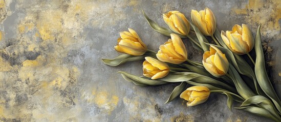 Elegant yellow tulips arranged on a textured gray marble surface creating a vibrant spring bouquet with green leaves and soft backgrounds