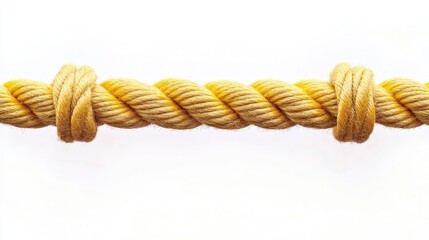 Twisted yellow rope with knots isolated against a clean white background, showcasing texture and detail of natural fiber material.