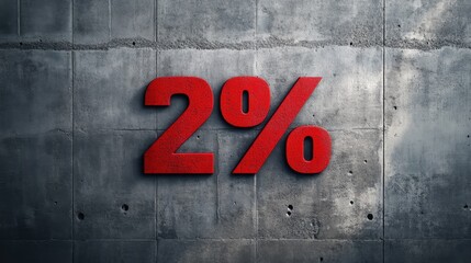 Fototapeta premium Bold Red Number Two Percent on Textured Concrete Wall, Emphasizing Growth and Achievement with Industrial Style in Modern Design Environment