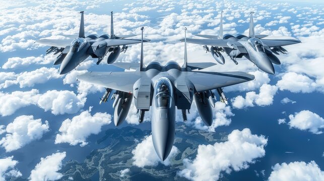 Three F-15 Eagle Fighter Jets Flying in Formation Over Clouds and Ocean.