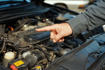 Obraz premium Mechanic pointing at engine part under car hood