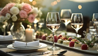 Refined and elegant wedding table setting with wine glasses, luxurious decor, and gourmet appetizers on a beautifully styled bar perfect for special celebrations and romantic gatherings.