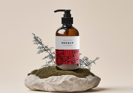 Amber Pump Bottle Mockup &ndash; Natural Scene for Cosmetic, Skincare, or Liquid Soap Packaging Presentation
