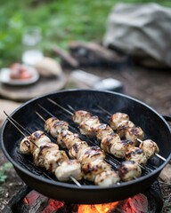Grilled Chicken Skewers Cooking Over Campfire with Charcoal and Smoke in Nature Setting, Creating a Delicious Outdoor Culinary Experience