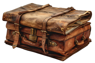 A vintage leather briefcase filled with academic awards and certificates isolated on transparent background, png file.