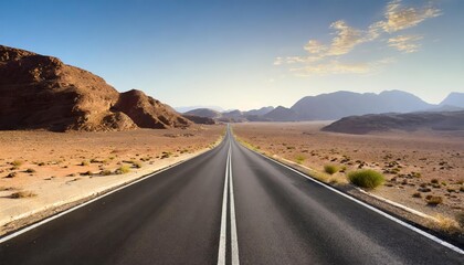Endless asphalt road cutting through a desolate desert landscape, perfect for adventure seekers, road trip enthusiasts, and wanderers chasing freedom under the vast open sky.