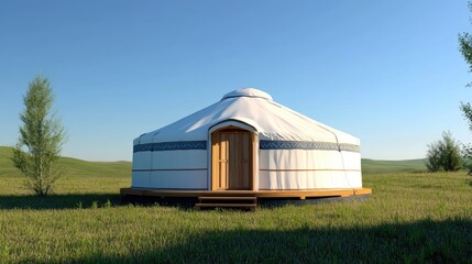 Traditional yurt surrounded by vast green grasslands, featuring a wooden porch and a clear blue sky overhead, symbolizing nomadic culture.