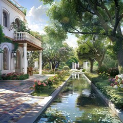 Obraz premium Serene Mediterranean Villa Garden with Reflecting Pool.
