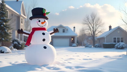 Obraz premium Realistic Snowman with Flexible Arms in a Snow-Capped Yard