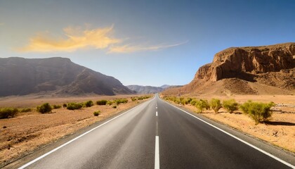 Naklejka premium Lonely Stretch of Empty Asphalt Road Surrounded by Rugged Desert Terrain Capturing Adventure and Tranquility on a Bright, Sunny Day in â€“ Perfect for Travel Enthusiasts and Road Trips