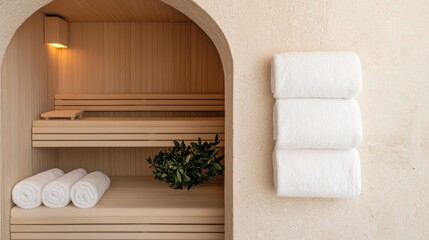Cozy Spa Interior Featuring Soft Towels, Minimalist Shelves, and Fresh Greenery for a Relaxing Wellness Experience in a Modern Setting