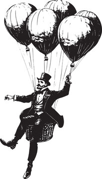 recommend clip art: Old fashioned gentleman flying on air balloons sketch engraving vector illustration. Scratch board style imitation. Black and white hand drawn image.