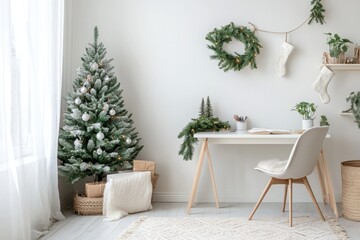 minimalist holiday decor, a simple study area with a small christmas tree on the desk, decorated with subtle ornaments that enhance the crisp white walls
