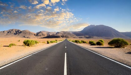 Naklejka premium A scenic empty asphalt road stretching into the distance, surrounded by a breathtaking desert landscape under a vibrant sky, perfect for adventure travel and exploration enthusiasts.