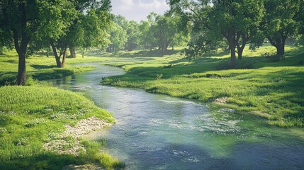 Winding river meandering through a lush green landscape filled with vibrant trees and sparkling clear water, embodying serene outdoor tranquility.