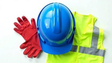Personal protective equipment. Helmet, gloves and high visibility vest on white background, top view