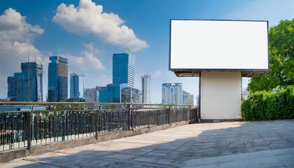 Modern urban cityscape featuring an empty billboard on a building, offering a perfect blank mock-up canvas for outdoor advertising, promotions, or informational banner campaigns in a
