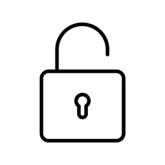 Black single unlock line icon, simple released lock flat design illustration pictogram, infographic vector for app ads web banner button ui interface elements isolated on white background