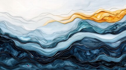 Obraz premium Tranquil Abstract Landscape with Flowing Waves in Blue, Gray, and Golden Tones, Capturing the Essence of Nature's Beauty and Lightness in Modern Art Form